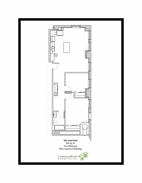 Floor plan for 2 beds, 1 bath, 901 sqft